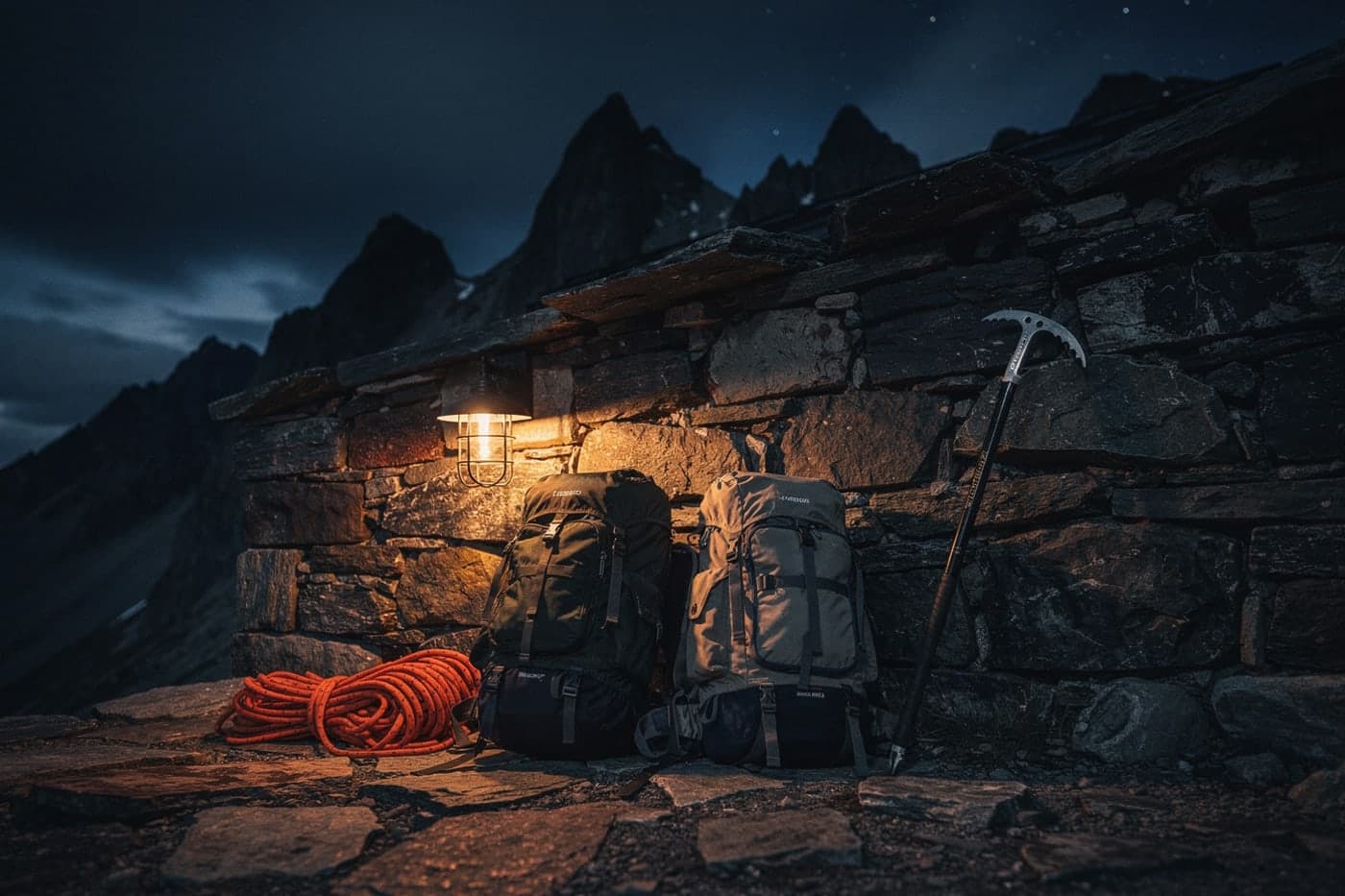 Expedition packs, coiled orange ropes and an ice axe against a mountain hut wall, lit by a lantern at night.