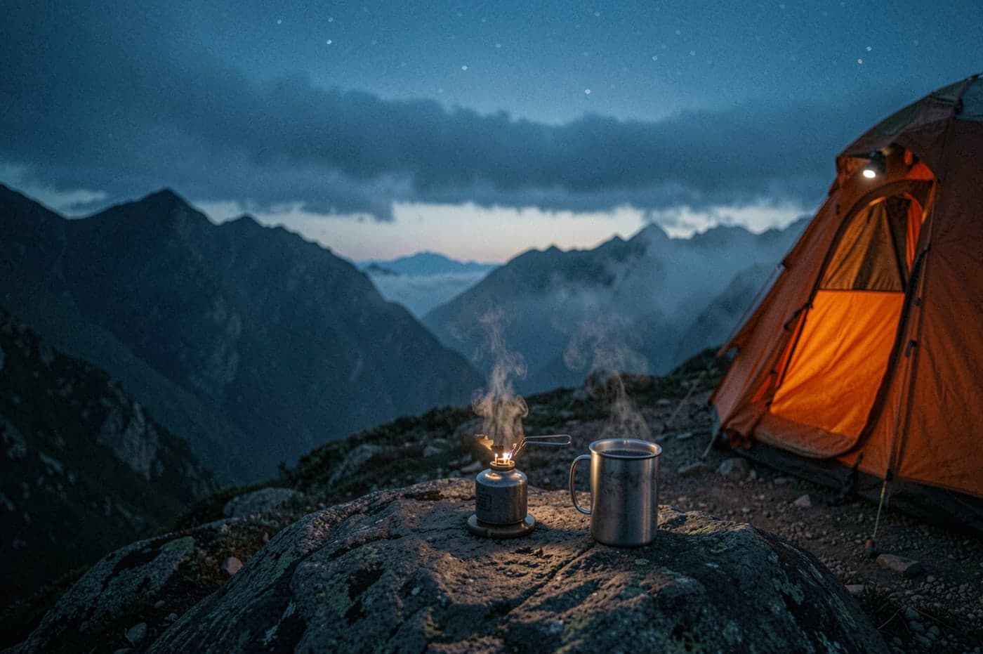 A titanium mug of coffee steaming beside a small stove at first light, a tent door and misty peaks behind.