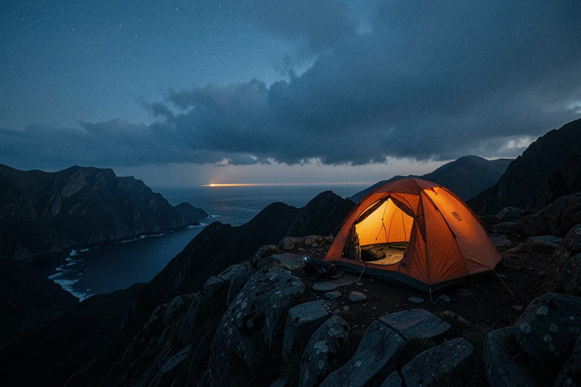 An orange tent glowing on a high rocky ridge under low storm cloud at dusk.