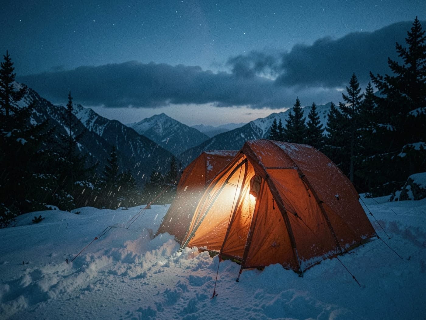 A four-season tent half buried in fresh snow at night, lit from inside, dark pines behind.